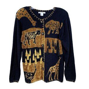 Dressbarn Womens Vintage Cardigan Sweater M Safari Jungle Animal Tassel 90s 80s